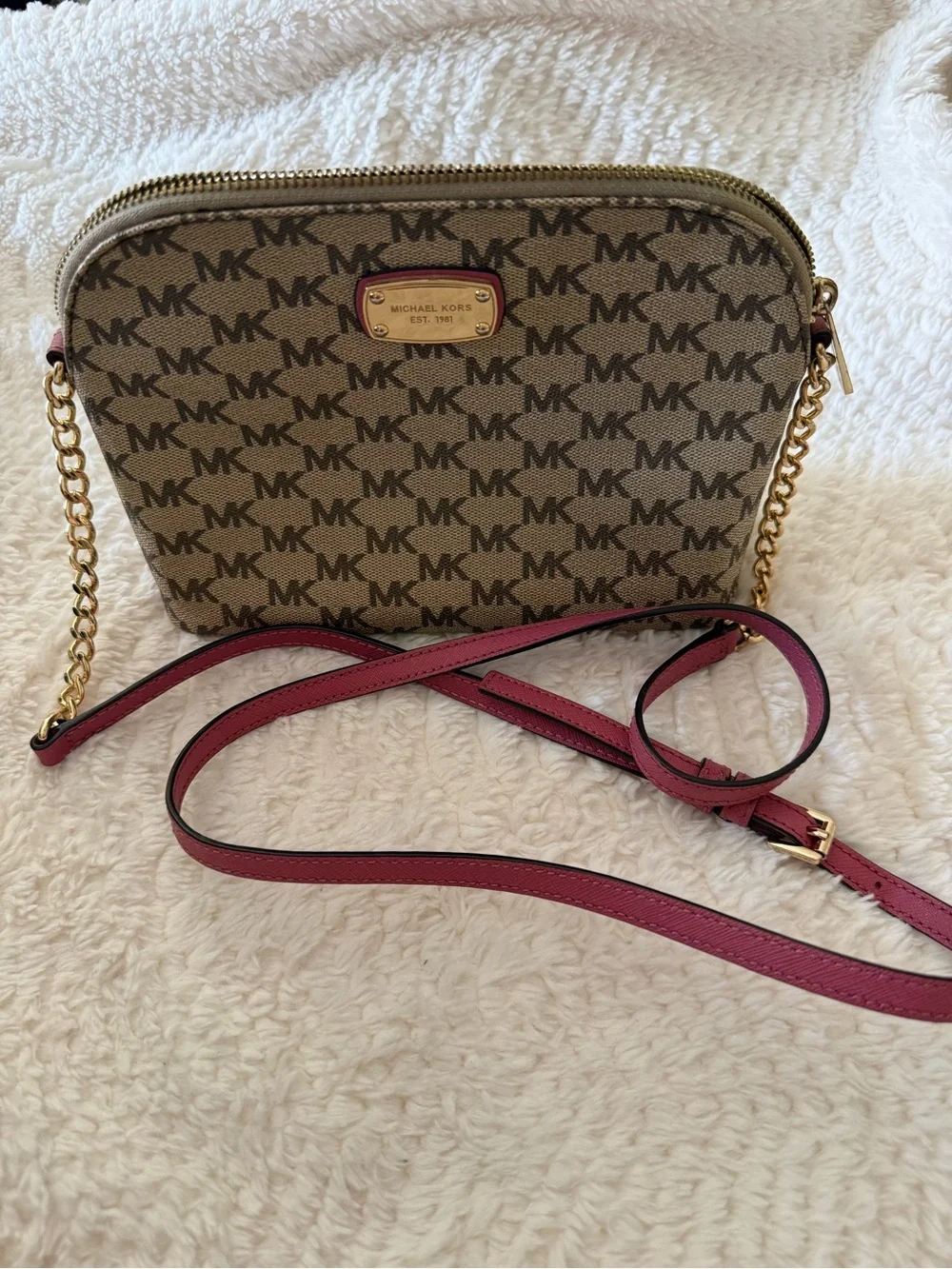 Michael Kors Beige Brown Logo Crossbody with Pink Strap
